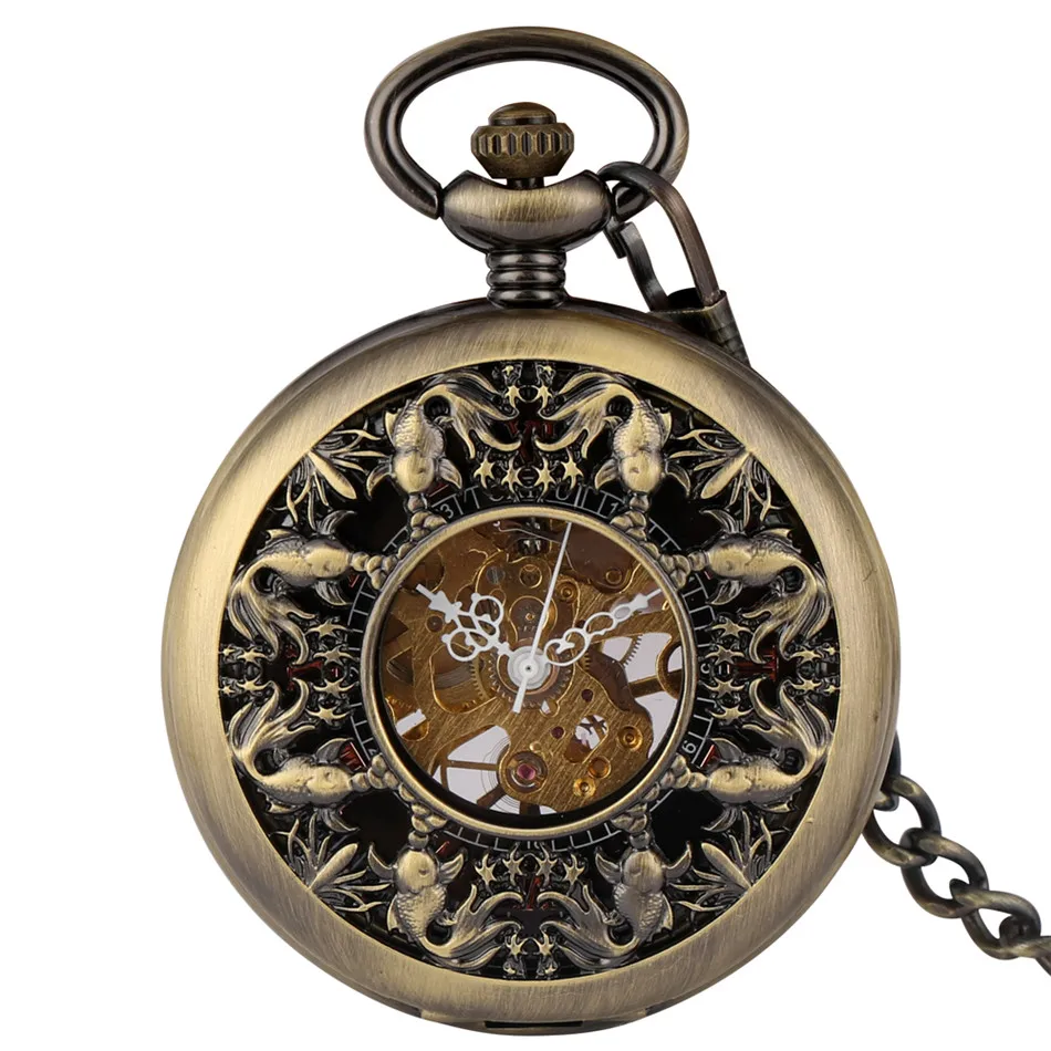 

Vintage Bronze Hollow Goldfishes Half Hunter Manual Mechanical Pocket Clock Retro Transparent Skeleton Hand-Wind Pendant Clock