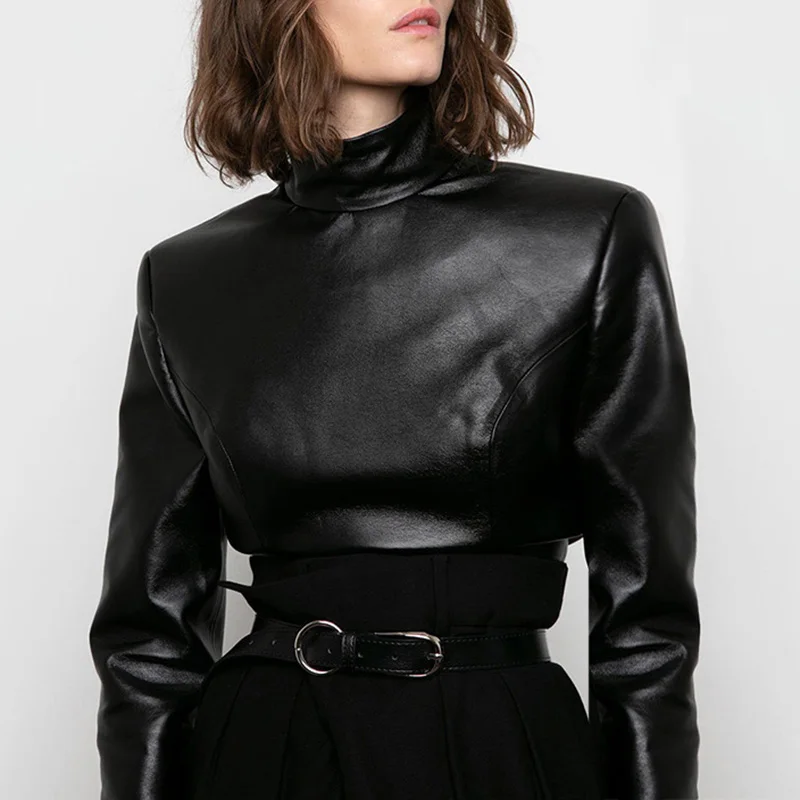Женская однобортная футболка из ПУ кожи с длинным рукавом|Футболки| |