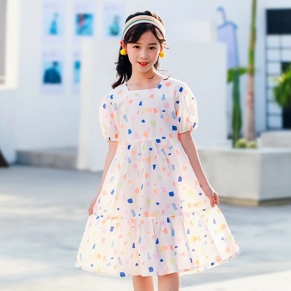 

Детское платье с пышными рукавами, Элегантное летнее платье для девочек, костюм принцессы, одежда для девочек-подростков 4, 6, 8, 10, 12, 14 лет, 2021