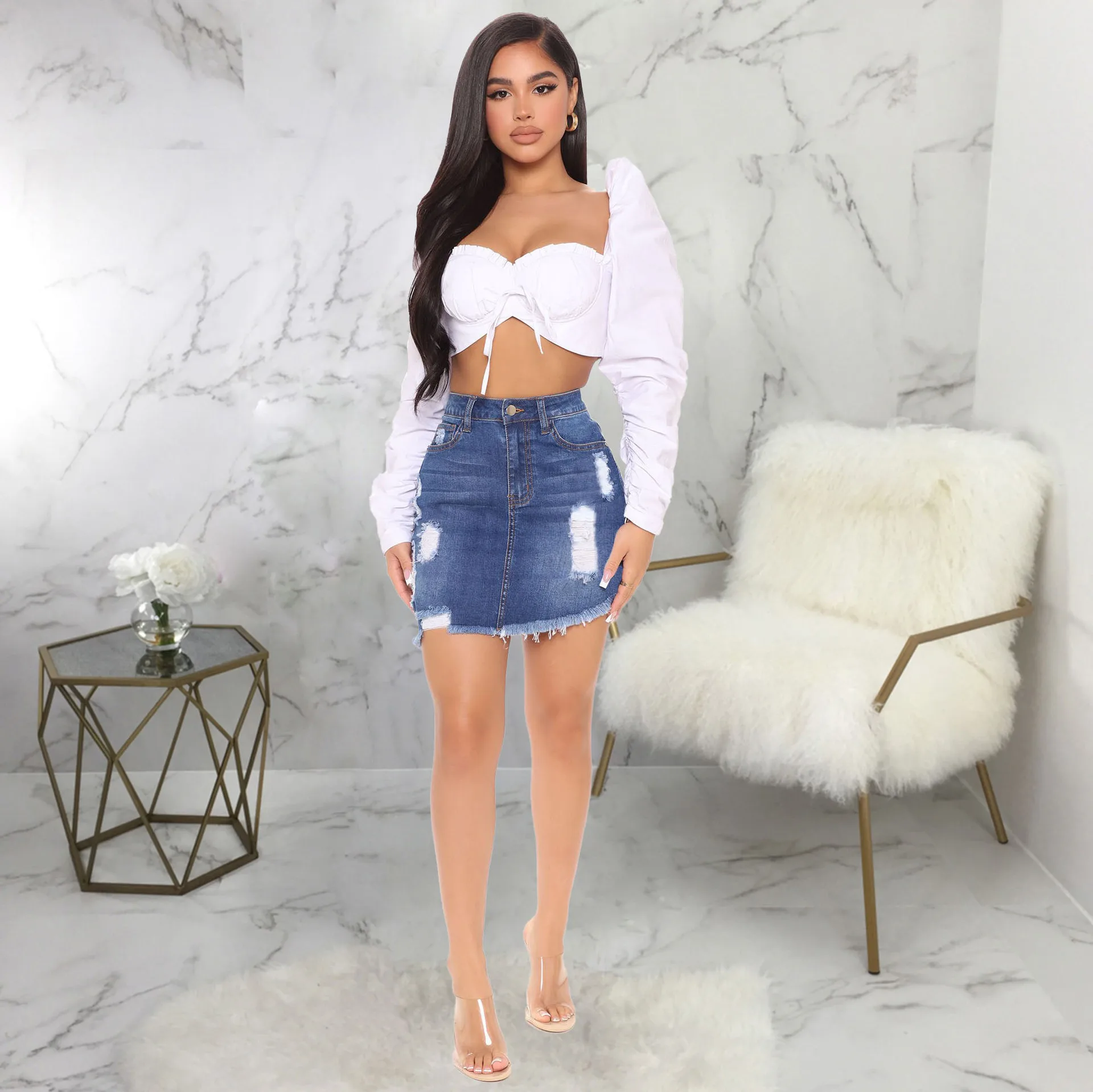 

Sexy All-Match Hand-Frayed High Waist Irregular Denim Skirt