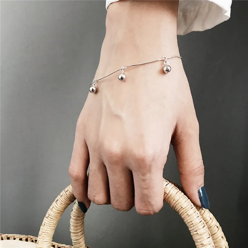 RUIYI Real 925 Sterling Silver Women Fashion Round Beads Small Bell Bracelets Girls Niche Snake Chain Stylish Charm | Украшения и