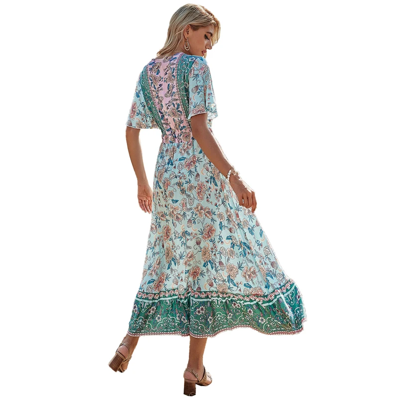 

dresses for women 2021 summer new print chiffon dress Flower pastoral V-neck lotus sleeve slim long skirt Relaxed temperament XL