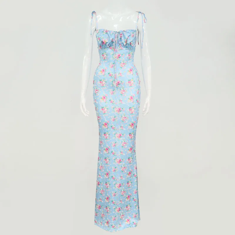 

Floral Print Cottagecore Elegant Sleeveless Maxi Sundress Sexy Backless Women Party Club Tie Front Dress Holiday