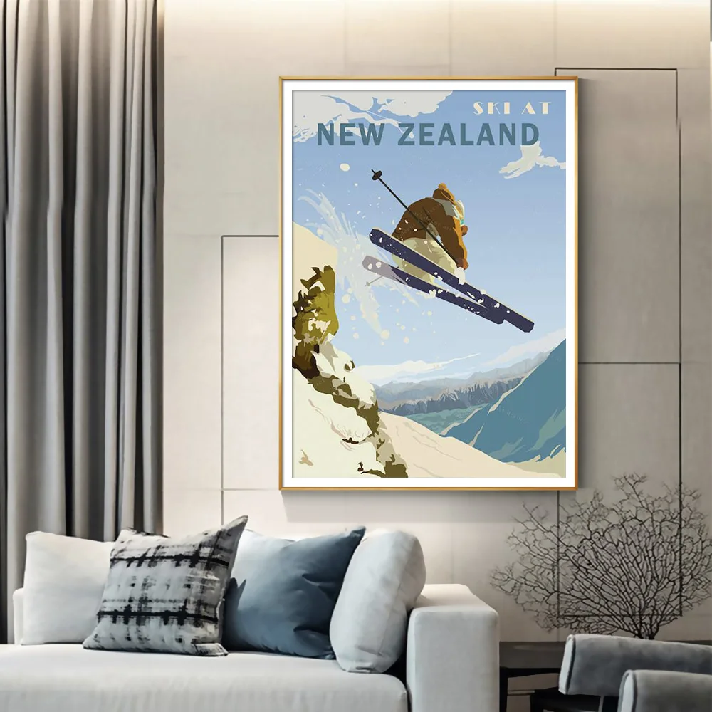 

Ski at New Zealand Vintage Travel Poster Canvas Painting Wall Art Kraft Posters Coated Wallsticker Home Decor Gift