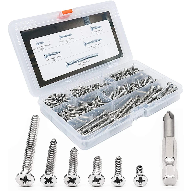 

300Pcs 304 Stainless Steel Phillips Flat Head Self Tapping Wood Screws Assortment Kit With Screwdriver Bit