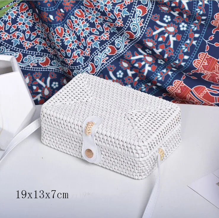 white B 19x13x7cm Солнечный пляж, ручные тканые сумки, круглая сумка с пряжкой, Ротанговые соломенные сумки, ранец, богемная пляжная круглая сумка - Цвет: white B 19x13x7cm