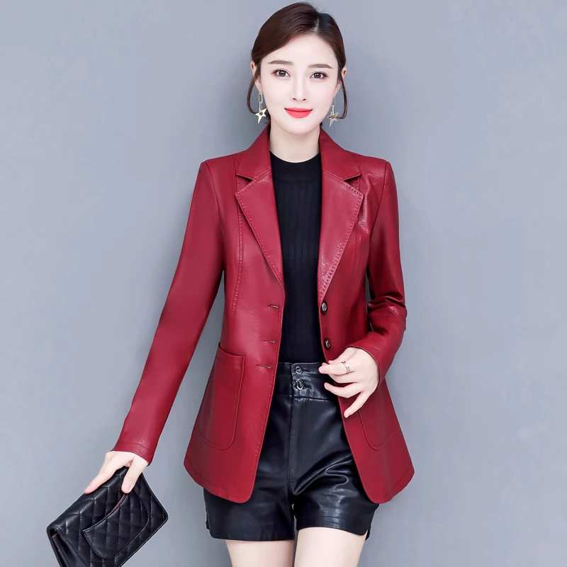 

High quality large size Haining artificial leather leather women's suit jacket slim slimming wild leather women leather jacket