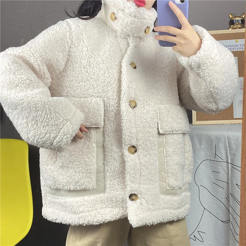 Женское зимнее теплое пальто из искусственной овчины со стандартным воротником