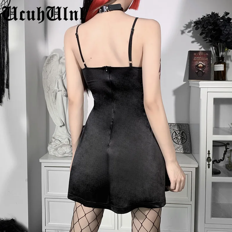 

Gothic Skull Print Sexy Black Dress Grunge Dark V Neck Backless Mini Dress Harajuku High Waist Club Party Dress Women