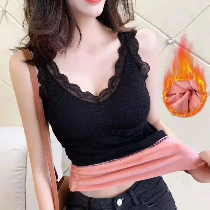 

Women Thermal Underwear Tops Lace Patchwork Sleeveless Plus Velvet Winter Warm Bra Skinny Sexy Female Undershirts Elegant Shaped