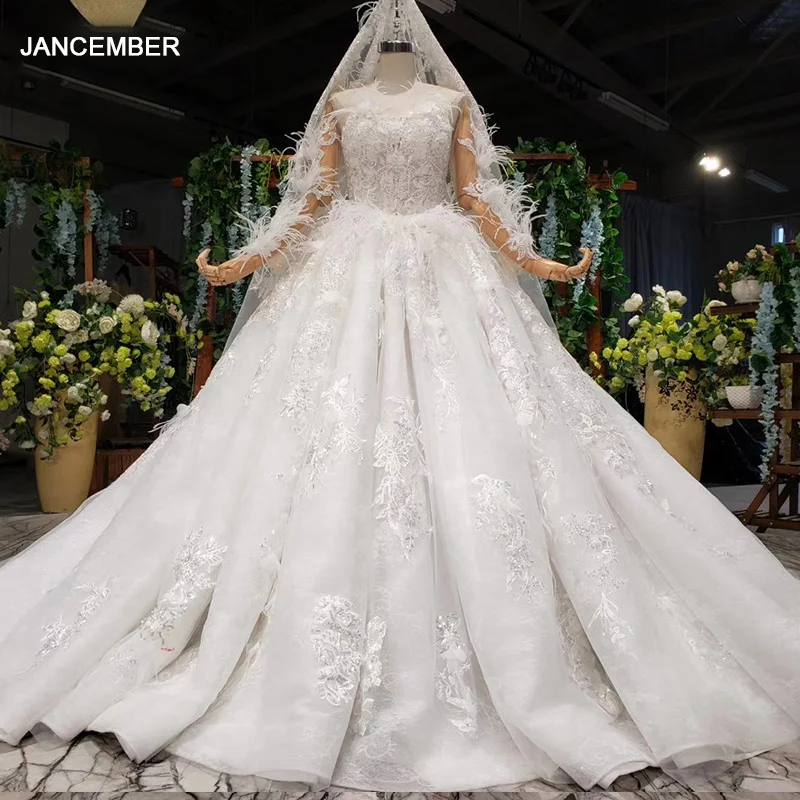 HTL986 Роскошное Свадебное платье из тюля с перьями круглым вырезом Иллюзия сзади