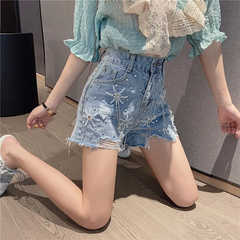 

New 2021 Fashion Women Ripped Denim Shorts Summer Casual High Waist Hot Korean Jean Shorts Sexy Loose Wide-Leg Shorts