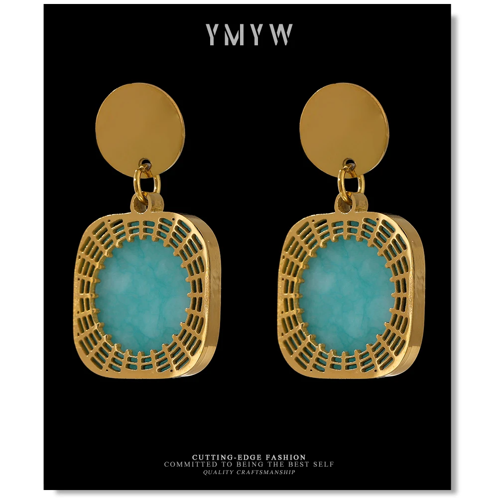 

YMYW Stainless Steel Square Stud Earrings Trendy Metal Green Stone 18 K Summer 2021 Earrings Bijoux Femme Accessories Gift