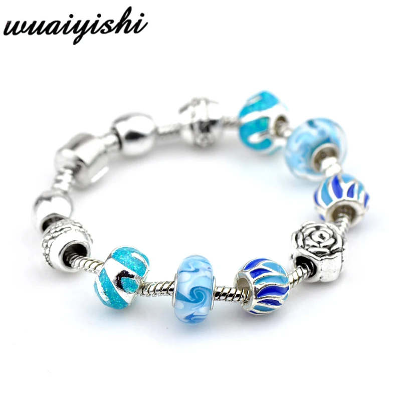 Charming blue Браслеты для девушек, Браслеты mujer, полимерные бусины Подвески украшения, серебряные DIY Браслеты для женщин, модная повязка на руку, цепочка из сплава - Окраска металла: Charming blue