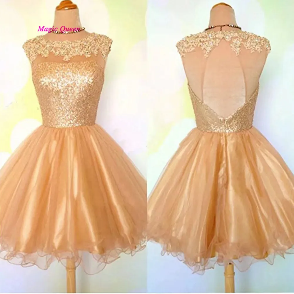 Стильный золотые блестки Короткие Коктейльные Вечерние кружевное платье по