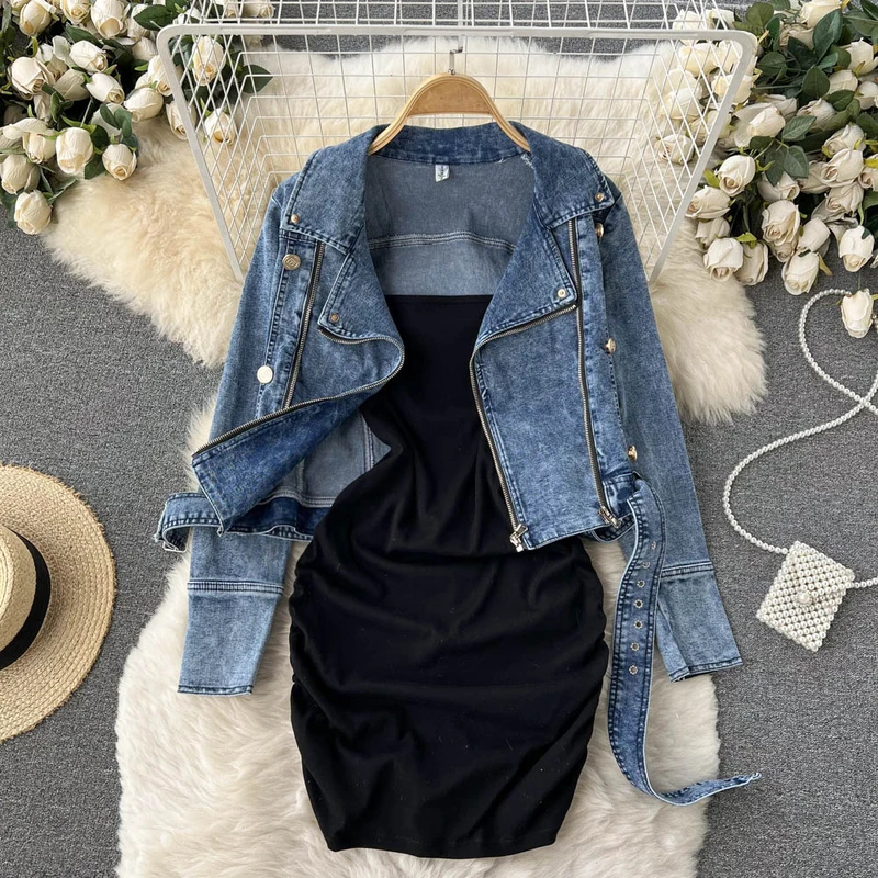 

Spring Blue Denim Dress Sets Female Lapel Double Zipper Long Sleeve Jacket Coat Ruched Mini Dresses Solid Women's Suit 2022 New
