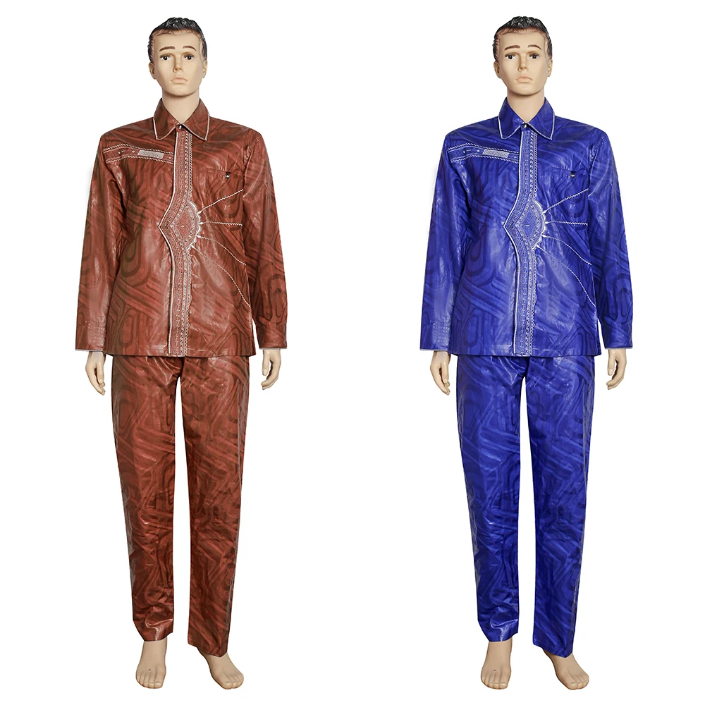 

Men‘s Dashiki Shirt Pants Set Embroidery Bazin Riche Tops Trousers Suit African Male Formal Attire 2021 Wedding Party Clothing