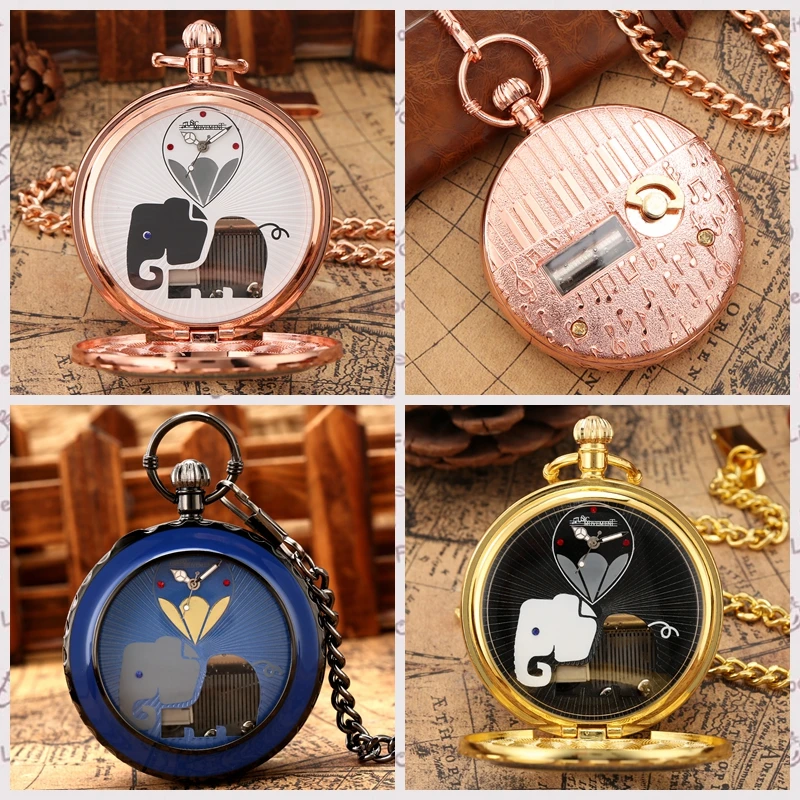 

Retro Gold Music Pocket Watch Elephant Black Face Swan Lake Wearing Stainless Steel Bracelet Gifts For Men Women