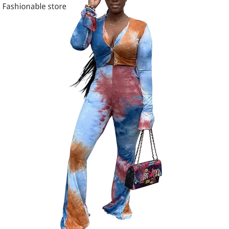 

Женский осенний костюм из 2 предметов, Топ с длинным рукавом и V-образным вырезом с принтом в виде краски и эластичные расклешенные брюки с вы...