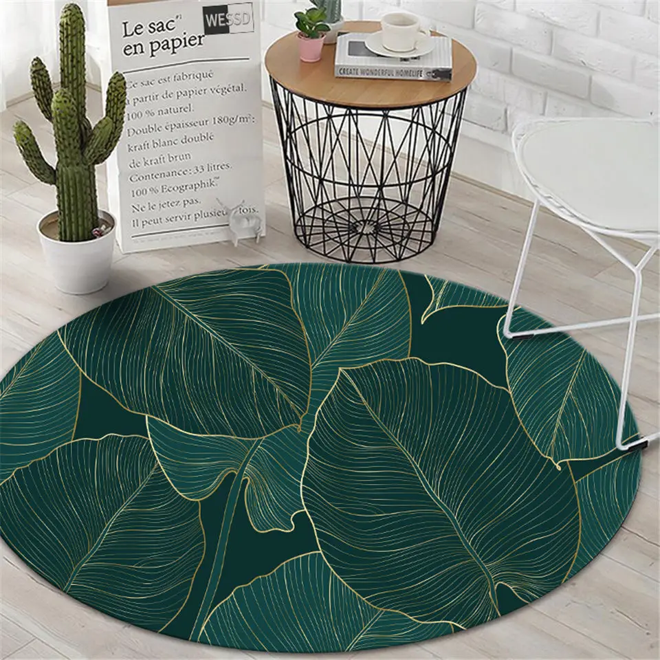 

Drak Green Leaf Rug Round For Living Room Side Table Washable Non-slip Hall Carpet Customize Size Bedroom Carpet Chair Mat Decor
