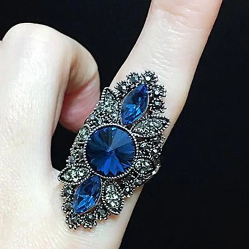 

I & FDLK Vintage Women Fashion Jewelry Blue Rhinestone Engagement Wedding Ring Cocktail Dinner Luxury Jewelry