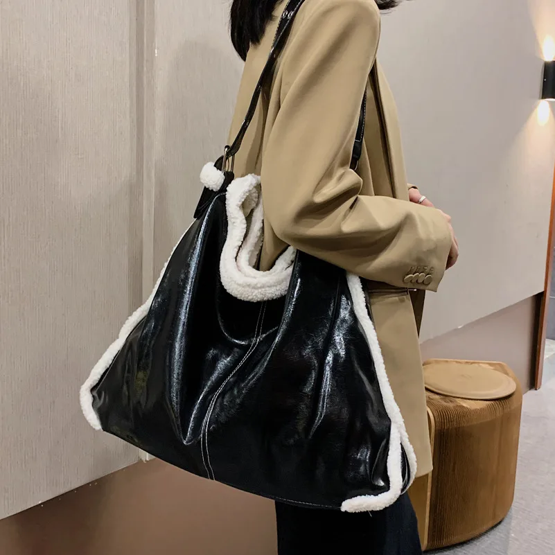 

Weysfor 2020 New Winter Plush Large Tote Solid Fashion Winter Shoulder Bags For Women Casual Simple Handbags PU Leather Hand Bag