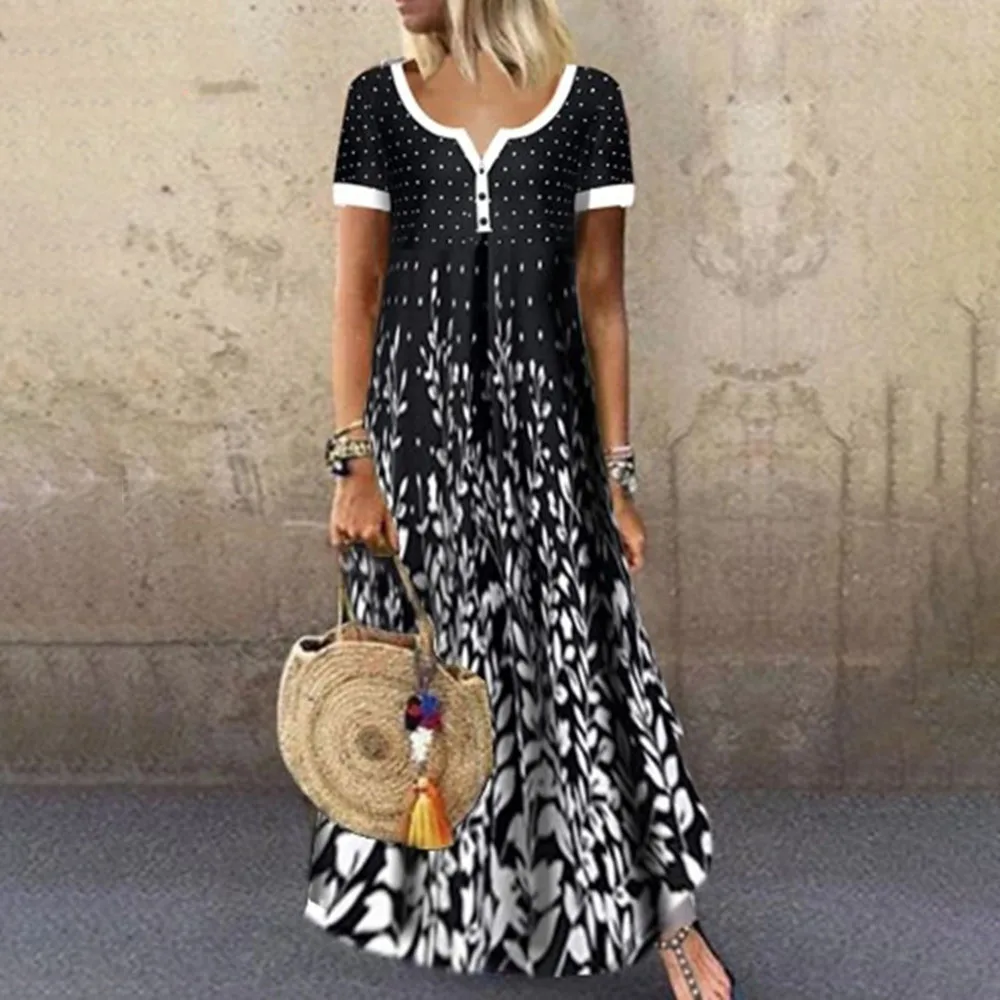 

Western Style Casual Women's Dress Fashion Temperament Loose 2021 Summer Printing V-neck Simple Designer Summer