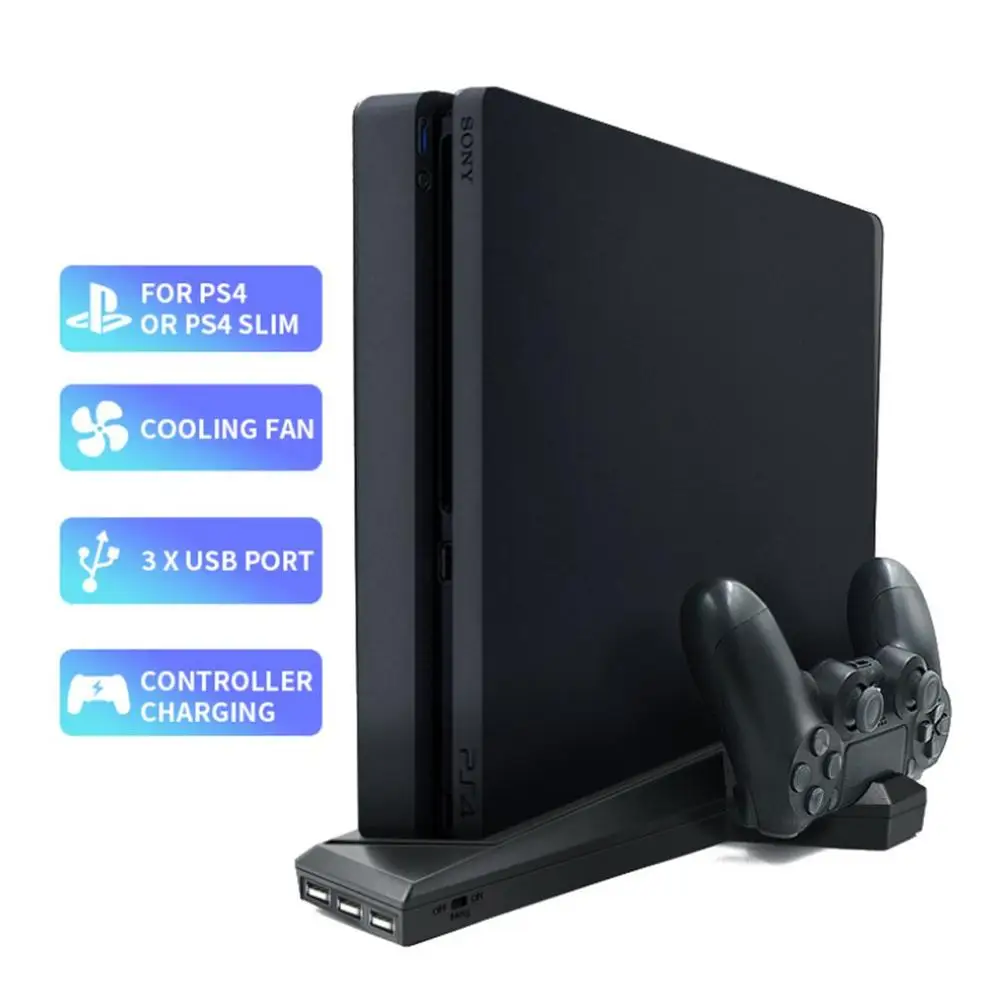 

For PS4/PS4 Slim Vertical Stand with Cooling Fan Dual Controller Charger Charging Station For SONY Playstation