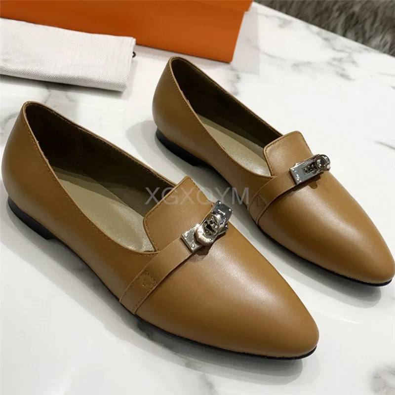 

2021 Women's Single Shoes Genuine Leather Loafers For Women Pointed Toe Flat Ladies Shoes Casual Women Penny Shoes Luxury Design
