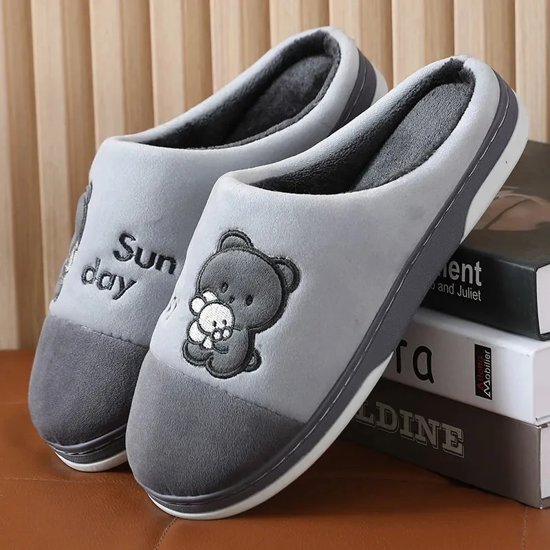 

Dropshipping Men Winter House Slippers Cartoon Bear Shoes Soft Warm Floor Slippers Indoor Bedroom Slippers Man Winter Fur Slides