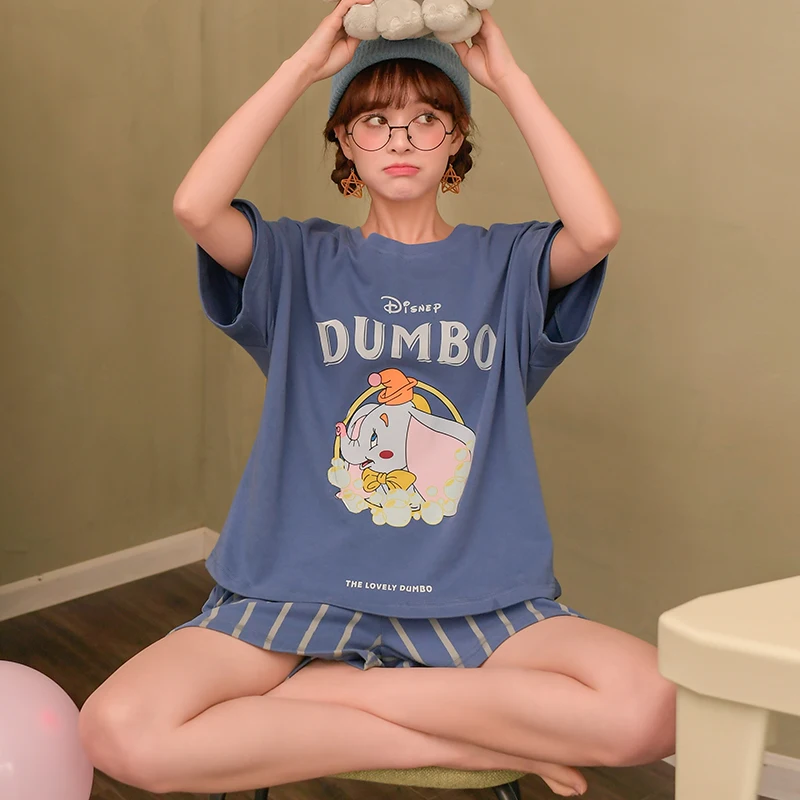 Disney Summer Cotton Pajamas Women's Short Sleeve Shorts Kawaii Dumbo Letter Print Cute Cartoon Home Suit Pajama Sets Women