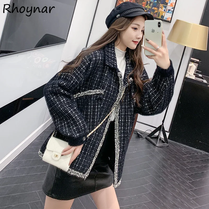 

Blends Women Turn-down Collar Plaid Leisure Fashion Loose Tender All-match Vintage Cozy Winter Warm New Ulzzang Female Outwear