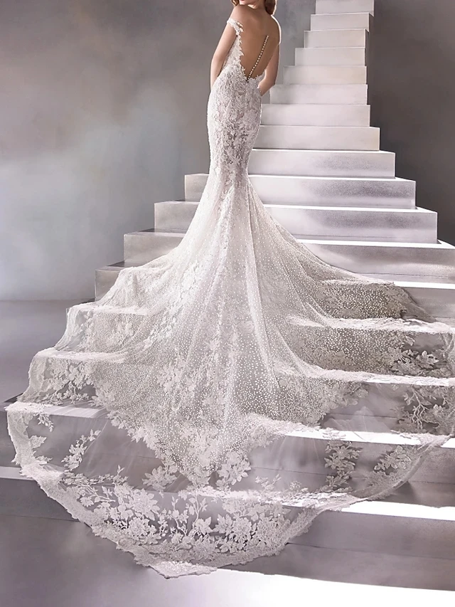 

Ivory Lace Appliqued Tulle Mermaid /Trumpet Wedding Dresses Off The Shoulder Sweep Train Beading Dropped vestidos de novia