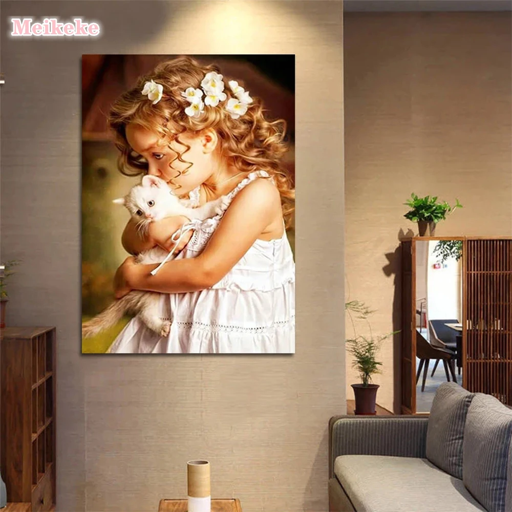 

Картина для вышивки крестиком DIY 5D бриллиантовые кристаллы для вышивания Girl With Kitten Diamond
