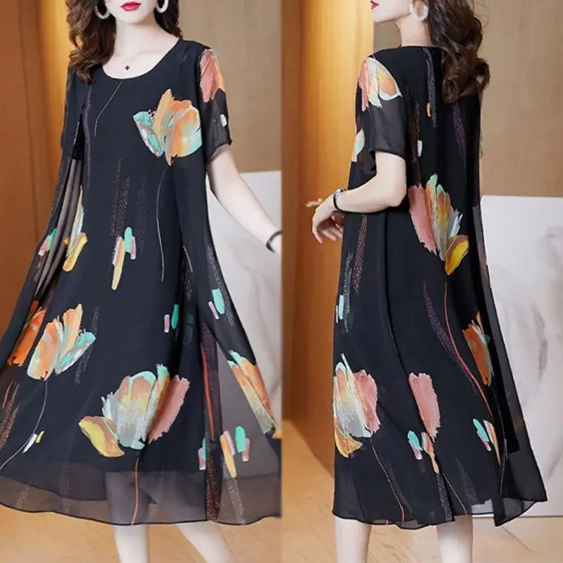 

Plus Size 6XL Ladies Short Sleeve Chiffon Knee-length Midi Dresses Summer Fake Two Piece Dress Runway Party Vestidos 2021 Y295