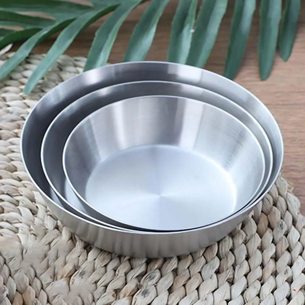 

40%HOTStainless Steel Flat Bottom Serving Dish Round Plate Tray Kitchen Dinning Bowl