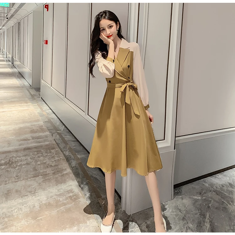 

NIJIUDING 2020 Autumn New Long-sleeved Dress Lace Waist Slimming Stitching Suit Collar Knee Dress Fashionable and Versatile