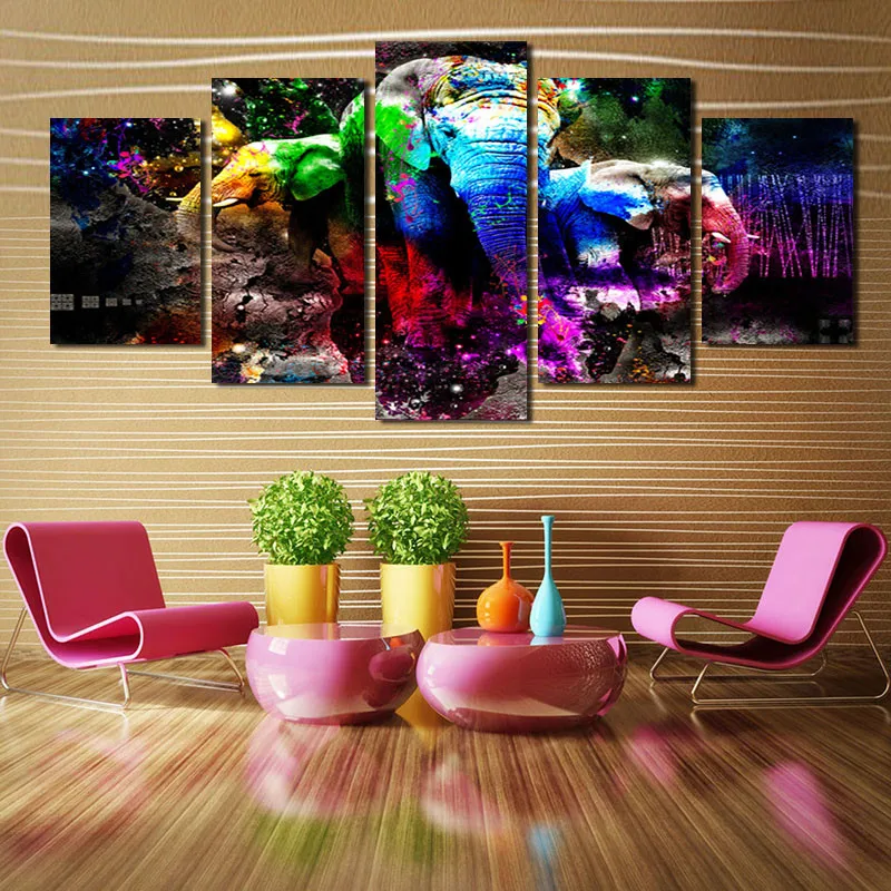 

Animals Colored Three Elephants Poster Home Wall Decoration Modern Style Waterproof Ink Canvas Poster for Living Room