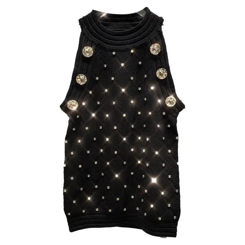 

2021 Spring New Large Particle Rhinestone Beaded Shiny Hanging Collar Color Knitted Vest Sling Women Tops