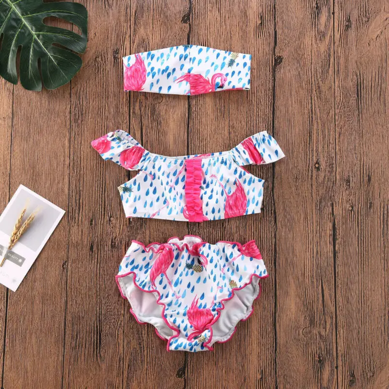 

3PCS Toddler Baby Girl Cartoon Printed Swimwear Swimsuit Bikini Set Beachwear With Headband Bathing Suit