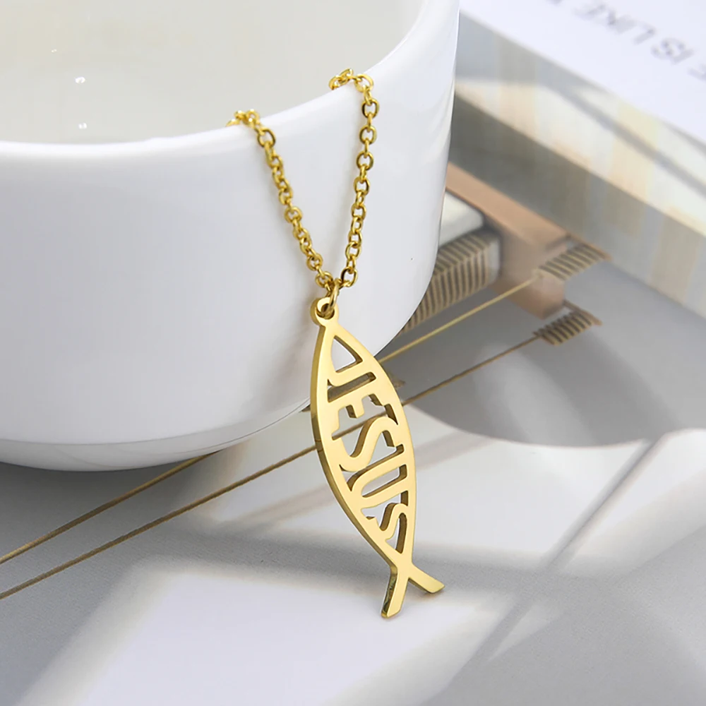 

Cazador Christian Jesus Fish Pendant Necklaces for Women Men Hollow Stainless Steel Choker Jewelry Birthday Valentine Gifts 2022