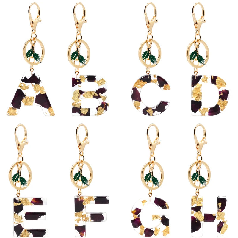 

1Pc New Fashion English Resin Letter Keychain Flower Black Rose Petal Gold Foil Filling Pendant Keyring Handbag Charms For Women