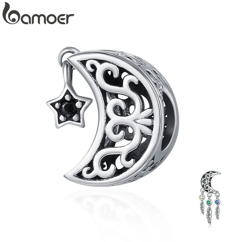 BAMOER 925 пробы серебряные ажурные бусины с Луной и звездой Goodnight браслет DIY ювелирные изделия подарок на день Святого Валентина SCC483