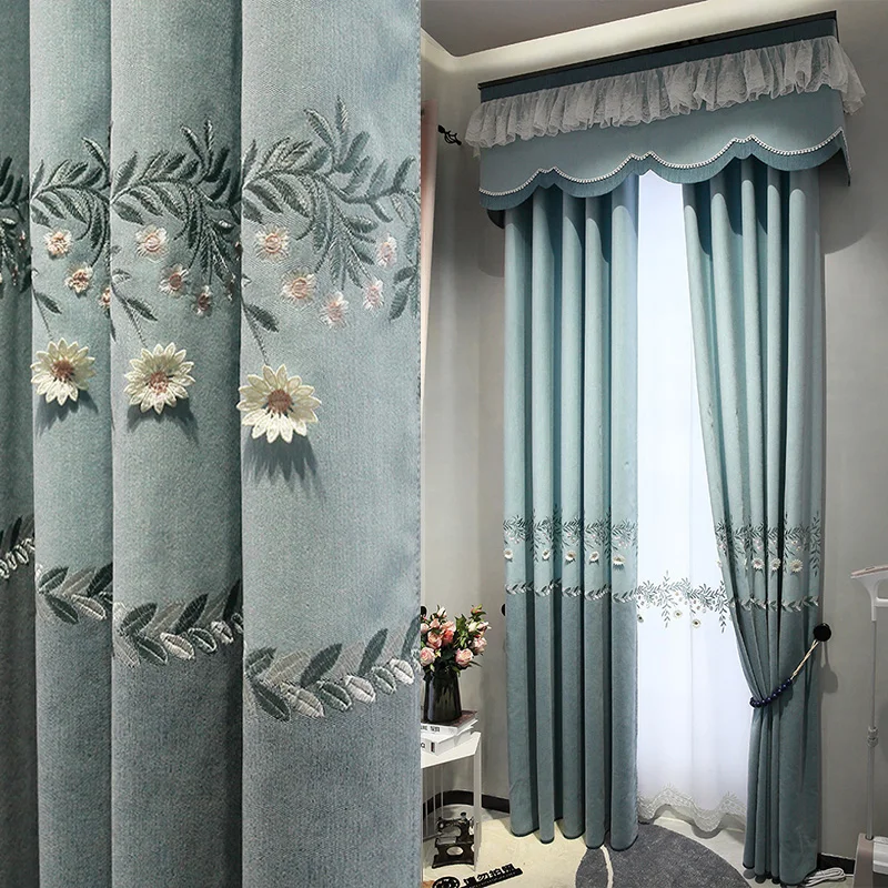 

Embossed Embroidery New Chenille Small Fresh Nordic American Pastoral Curtains Living Room Bedroom Semi-shading Customization