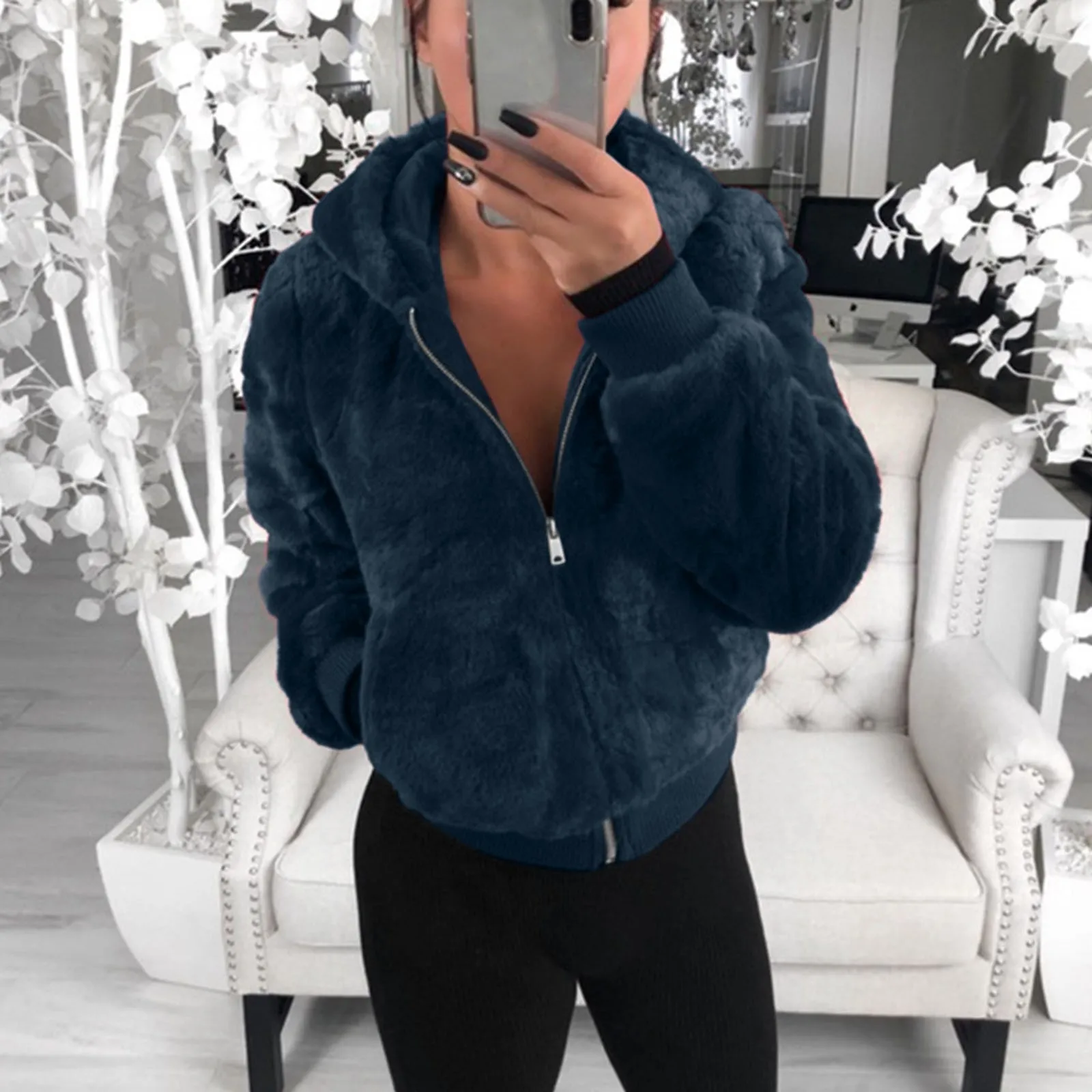 Women's Casual Faux Fur Hoodie Coat Autumn Winter Warm Solid Jacket Outwear 2021 Fashion Female Pockets Zipper Jacket Tops