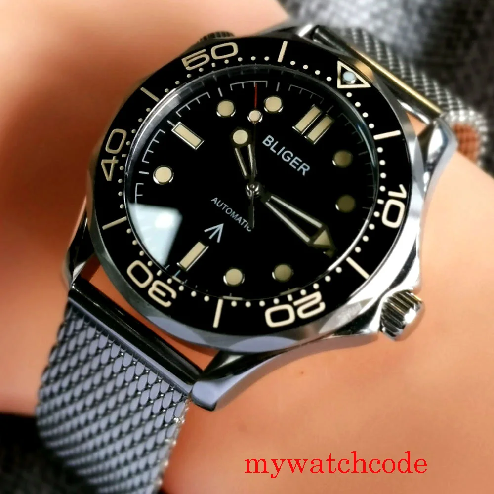 41 мм черный циферблат Автоматические Мужские часы сапфир кристаллический