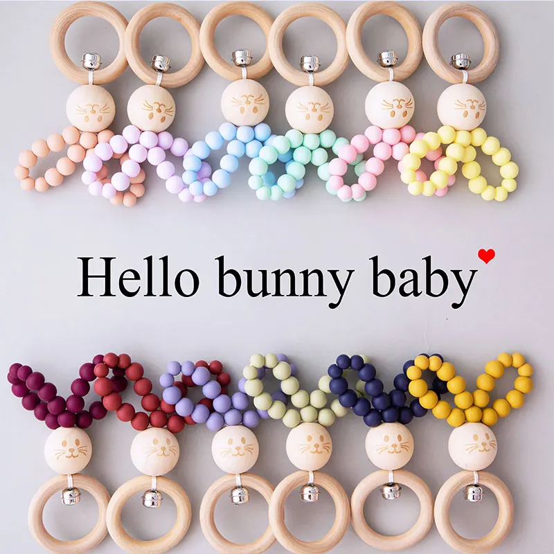 1PC Silicone Baby Teether Rodent Bunny Rattle Bracelet Wooden Ring Teething Toy Food Grade Hand Bell For Children Goods | Мать и ребенок