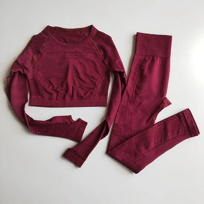 

Женские Бесшовные комплекты для йоги с высокой талией, сетчатые леггинсы для тренажерного зала, рубашка, костюм с длинным рукавом, тонкие ко...