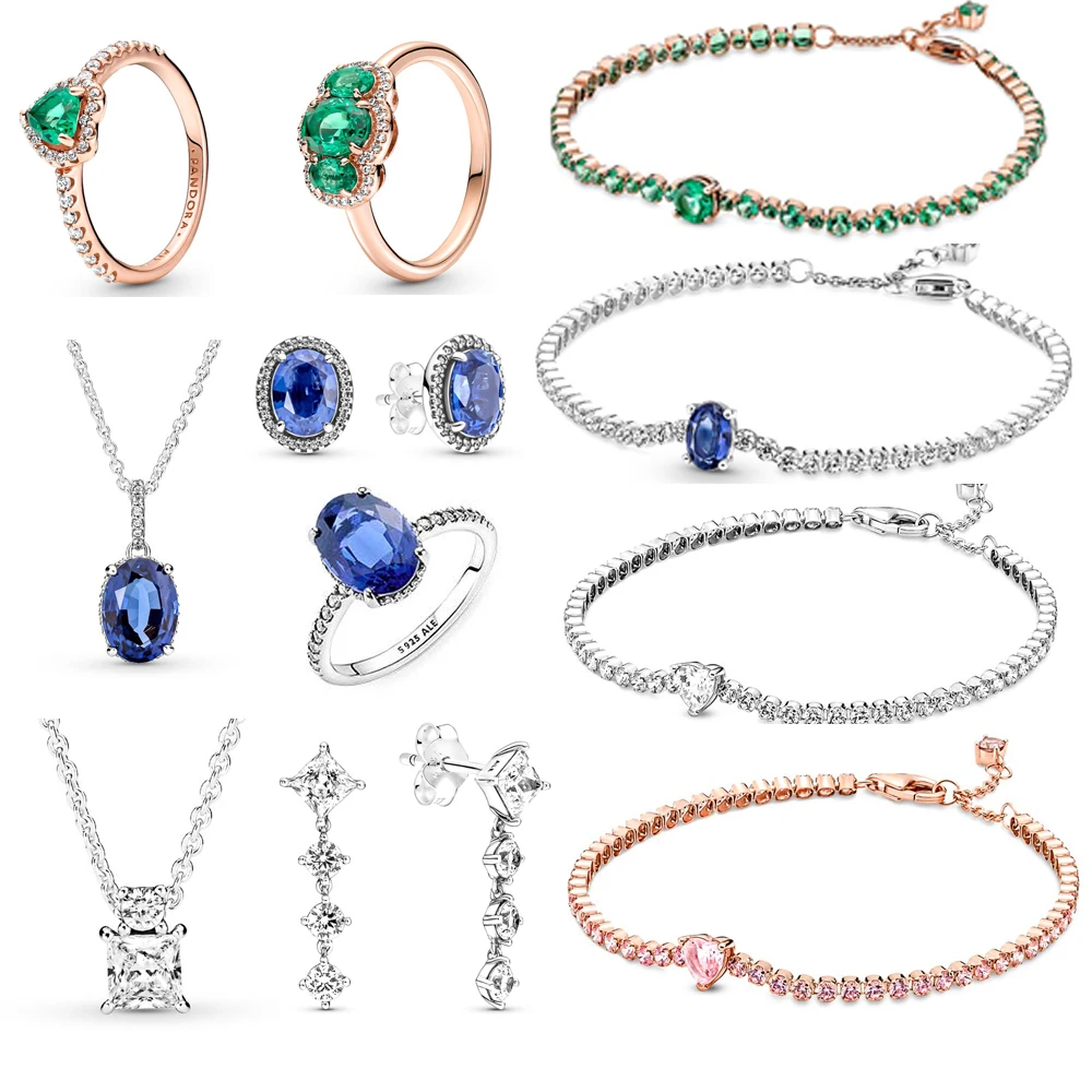 

New Blue Green Gemstone Bracelet Jewelry Pulsera Plata 925 Mujer Suitable For Original Pandora Ear Studs Sterling Silver Beads