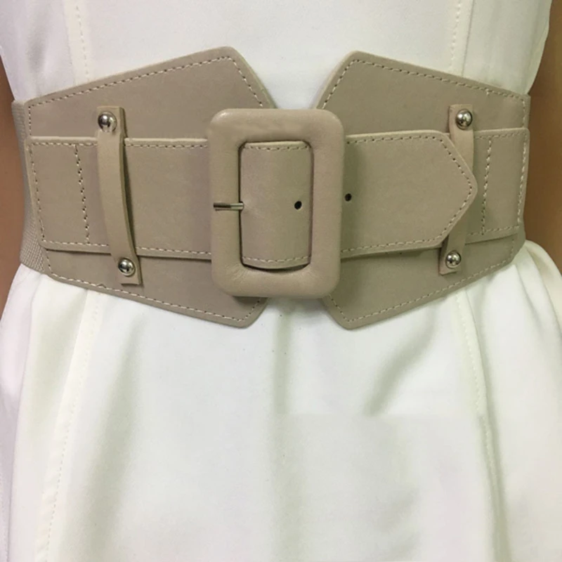 PU Leather Wide Belt for Women New Designer Belt Fashion Dress Decorative Square Buckle Elastic Wide Belt Waist Band Adult Solid